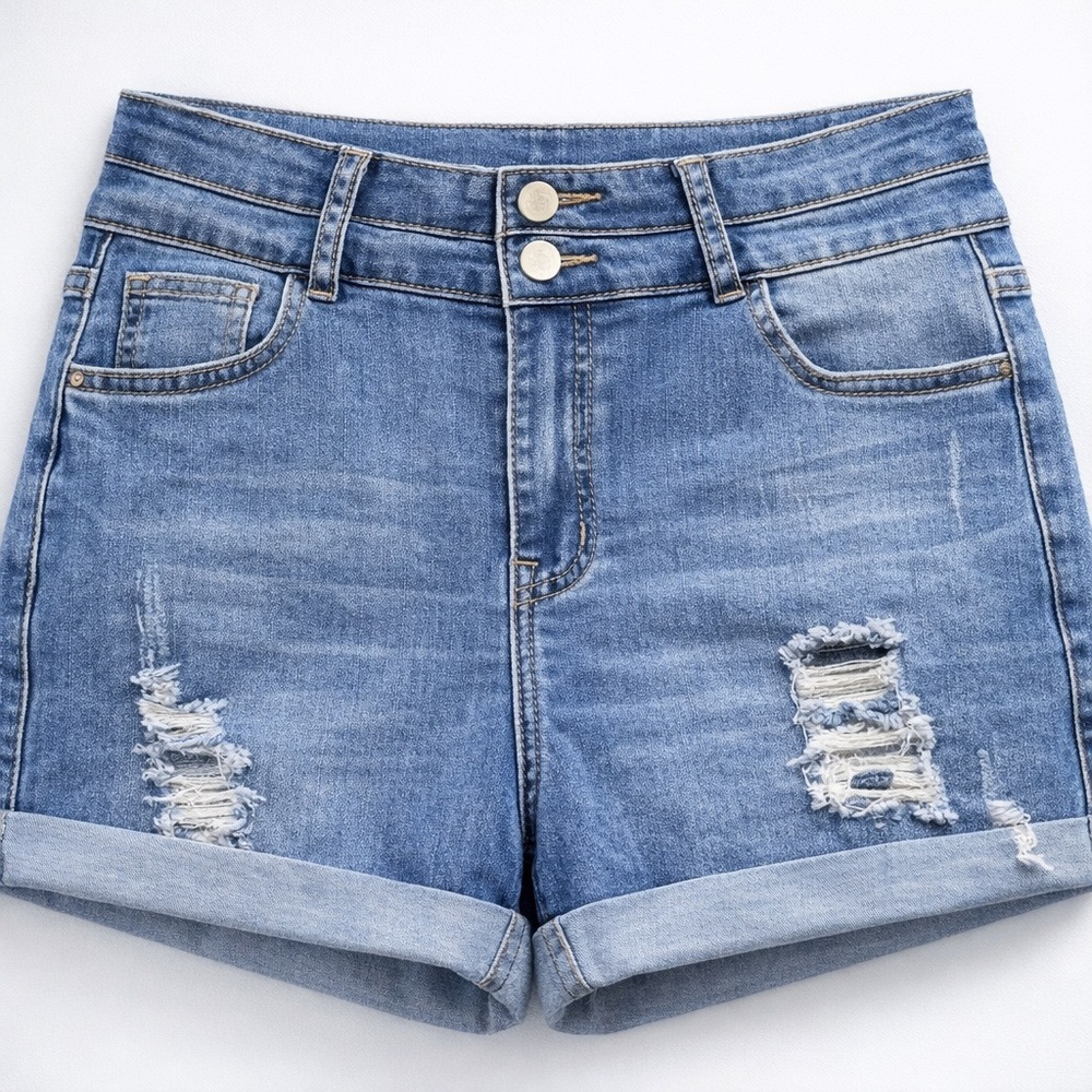 Women’s Blue Distressed Denim Jean Shorts Size M Stretch Cuffed Casual Summer - Picture 4 of 6